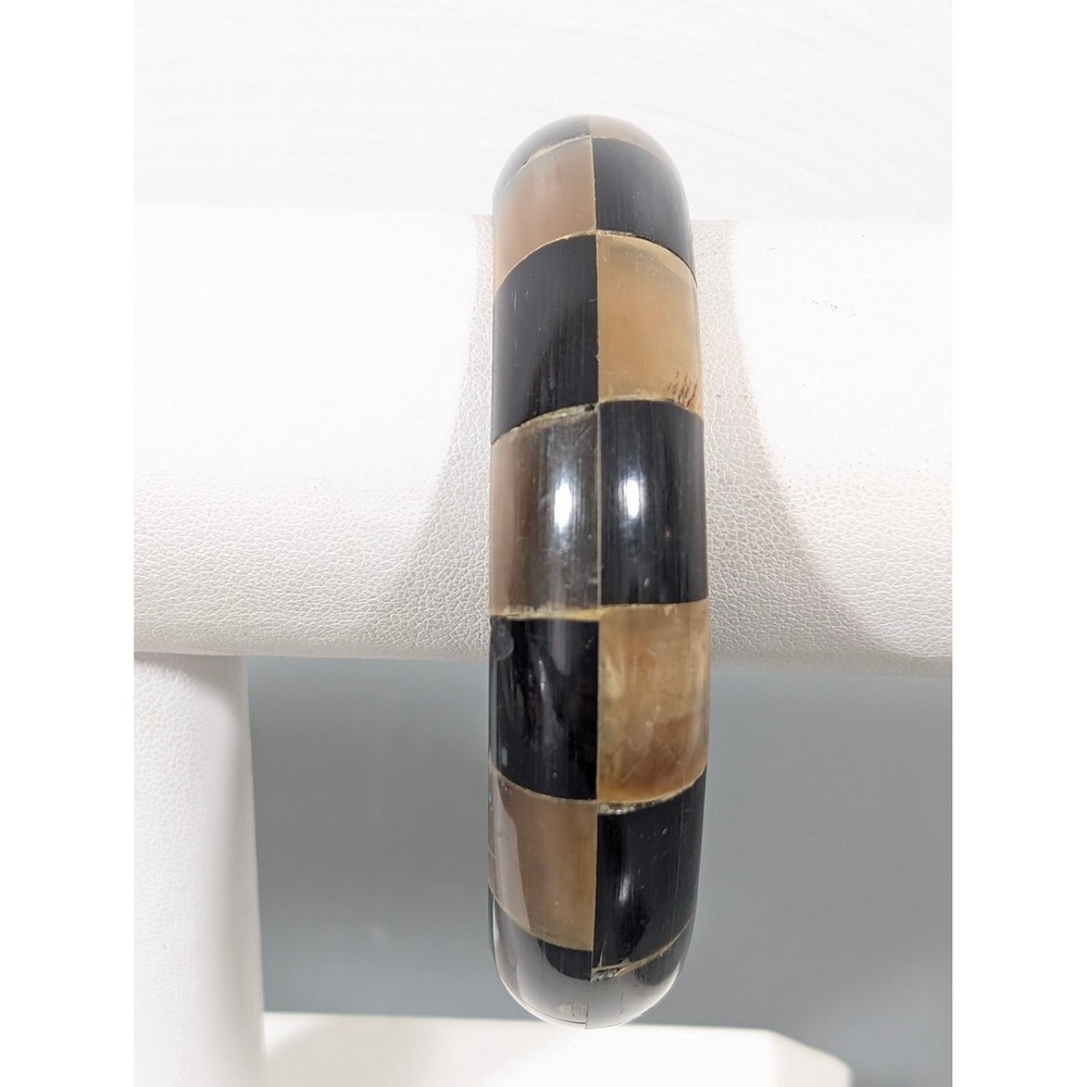 Vintage Black & Tan Resin Bangle Bracelet 8" Made in India Chunky